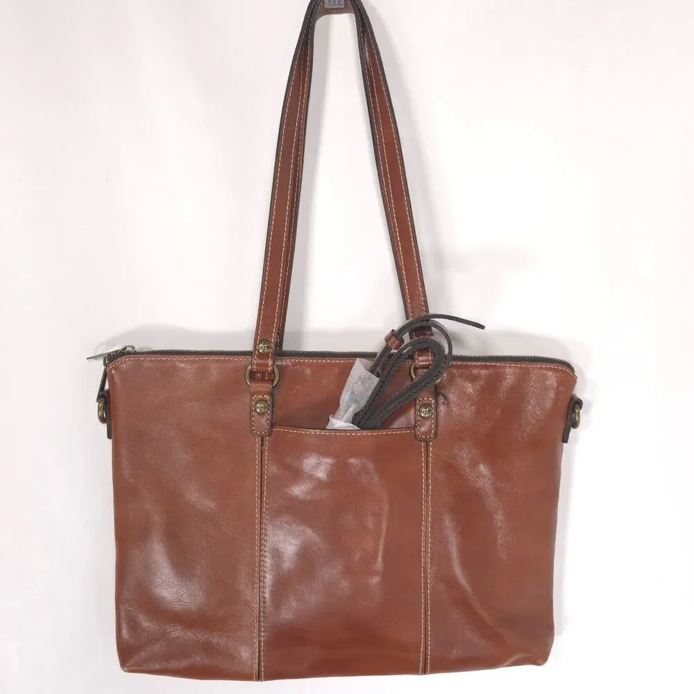 PATRICIA NASH Womens Tote Shoulder Bag Cognac Brown Crossbody LARGE 100% Leather